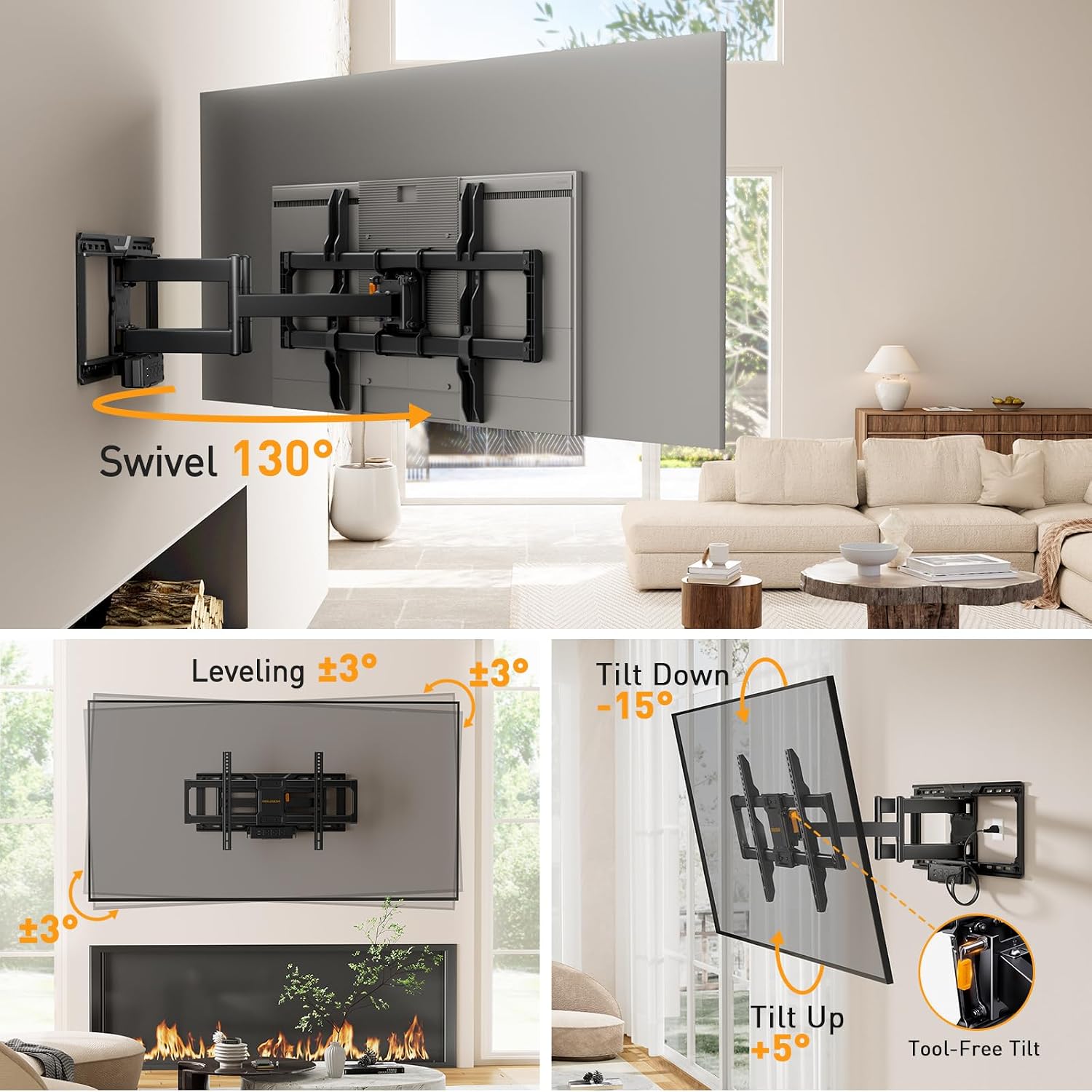 Perlegear Full Motion TV Wall Mount with Power Strip for 42–90 Inch TVs | TV Mount up to 150lbs, Pre-Assembled, USB charging, Smooth Swivel, Tilt, Extension, VESA 600x400mm, 12/16/24 Wood Studs